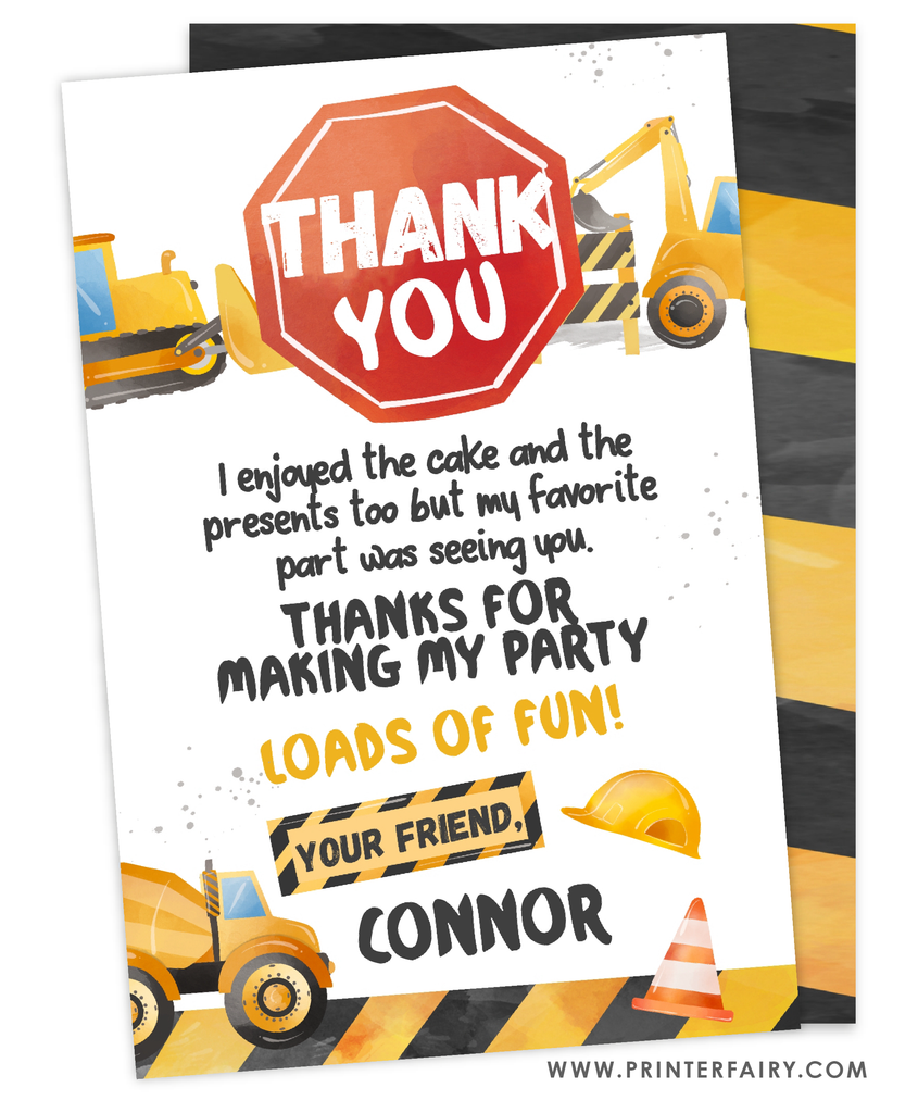 Construction Birthday Thank You Card | PrinterFairy