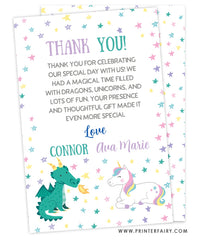 Dragon & Unicorn Birthday Party Thank You Card (white background)