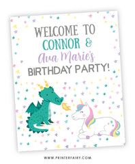 Dragon & Unicorn Birthday Party Welcome Sign (white background)