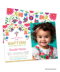 Mexican Flowers Baptism & Birthday Invitation with Photo