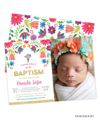 Mexican Flowers Baptism Fiesta Invitation with Photo