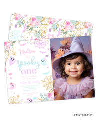 Floral Halloween 1st Birthday Invite with Photo