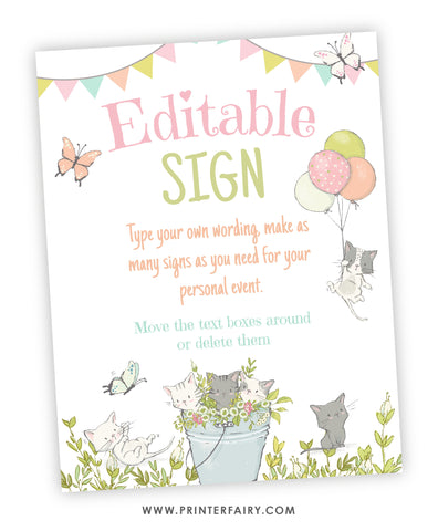 Kitten Garden Birthday Editable Sign