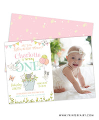 Kitten Garden First Birthday Party Invitation with Photo