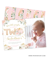Floral Pumpkin Second Birthday Invitation with Photo