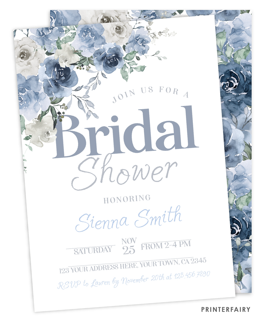 Dusty Blue Bridal Shower Invitation | PrinterFairy