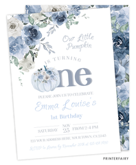 Dusty Blue Pumpkin First Birthday Invitation