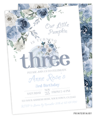 Dusty Blue Pumpkin Third Birthday Invitation