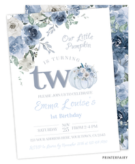 Dusty Blue Pumpkin Second Birthday Invitation