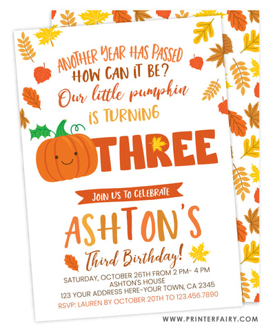Little Pumpkin Third Birthday Invitation