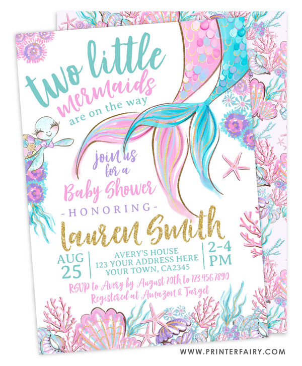 Mermaid Baby Shower Invitation for Twins