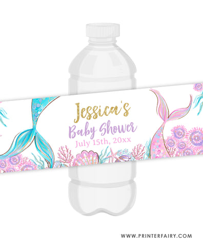 Mermaid Baby Shower Water Bottle Label