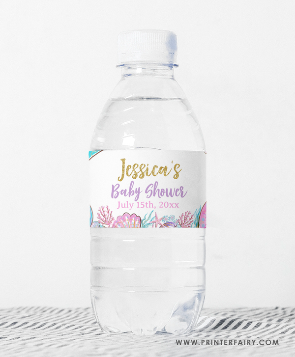 Mermaid Baby Shower Water Bottle Label