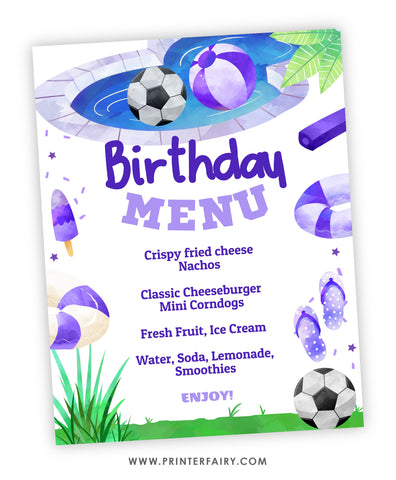 Soccer Pool Birthday Party Menu
