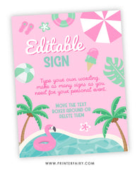 Pink Pool Party Editable Sign