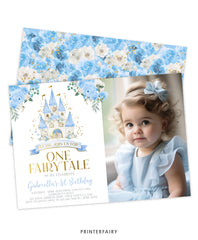 Blue Princess First Birthday Invitation with Photo