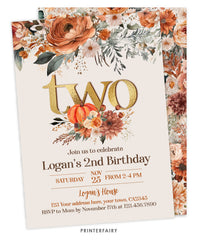 Floral Pumpkin Second Birthday Invitation