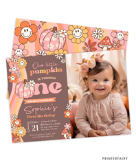 Groovy Pumpkin 1st Birthday Invitation with Photo