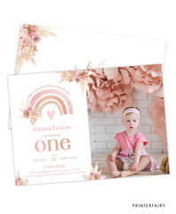 Boho Rainbow 1st Birthday Invitation with Photo