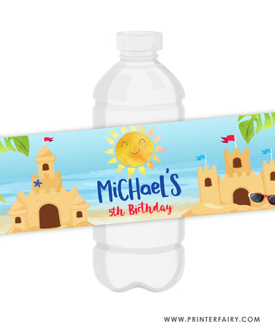 Sand Castle  Birthday Party Water Bottle Label