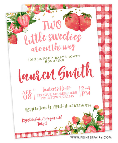 Strawberry Baby Shower Invitation for Twins
