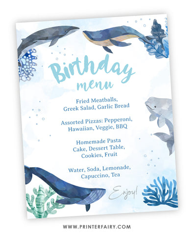 Whales Birthday Party Menu