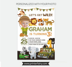 Safari Birthday Invitation with Photo, Jungle Animals (Digital Invite)