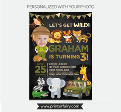 Safari Birthday Invitation with Photo, Jungle Animals (Digital Invite)