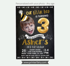Boy Birthday Invitation with Photo, Balloon Invite (Digital)