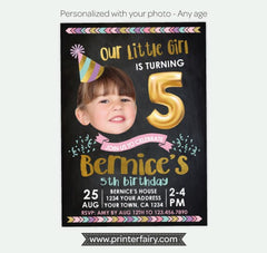 Girl Birthday Invitation with Photo, Balloon Theme (Digital)
