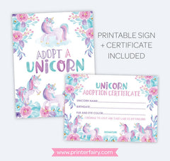 Unicorn Adoption Party Sign and Certificate, Instant Download