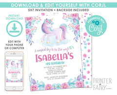 Unicorn Birthday Invitation, Magical Floral Party (Digital Download)