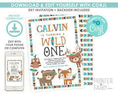Wild One Birthday Invitation, Editable Tribal Woodland Party (Digital)