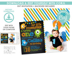 Little Monster Birthday Invitation with Photo (Digital Download)