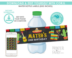 Fiesta Water Bottle Labels, Editable Cinco de Mayo Decor (Instant Download)