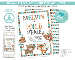 Tribal Woodland 3rd Birthday Invitation, EDITABLE (Digital Invite)