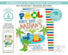 Dinosaur Pool Party Invitation, Editable T-Rex Birthday (Digital Invitation)