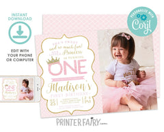 Princess 1st Birthday Invitation with Photo, Pink and Gold (Digital Download)