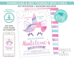 Editable Unicorn Birthday Invitation, Magical Party Invite (Digital Download)