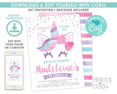 Editable Unicorn Birthday Invitation, Magical Party Invite (Digital Download)