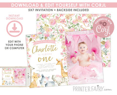 Jungle Girl 1st Birthday Party Invitation Editable Template, Instant Download
