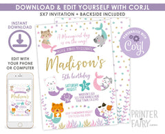 Editable Mercat Birthday Invitation, Meowmaid Kitty Party (Digital Download)