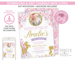 Unicorn Mermaid Birthday Invitation, Floral Photo, Editable (Digital)