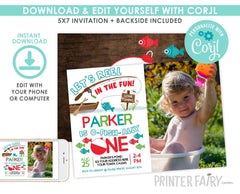 Fishing First Birthday Invitation with Photo, Editable Digital Download