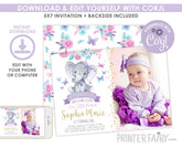 Elephant Girl 1st Birthday Invitation, Floral Butterflies (EDITABLE, Instant Download)