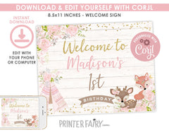Wild One Girl Birthday Welcome Sign, Woodland Animals (Digital Download)