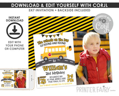 Wheels on the Bus Birthday Invitation, Editable Photo (Digital Download)