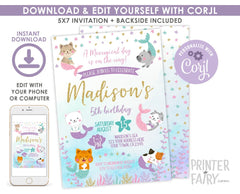 Meowmaid Birthday Invitation, Editable Mercat Kitty Party (Digital Download)