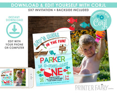 Fishing First Birthday Invitation with Photo, EDITABLE (Digital Download)