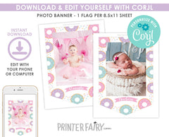 Donut 1st Birthday Monthly Photo Banner EDITABLE Template, Instant Download